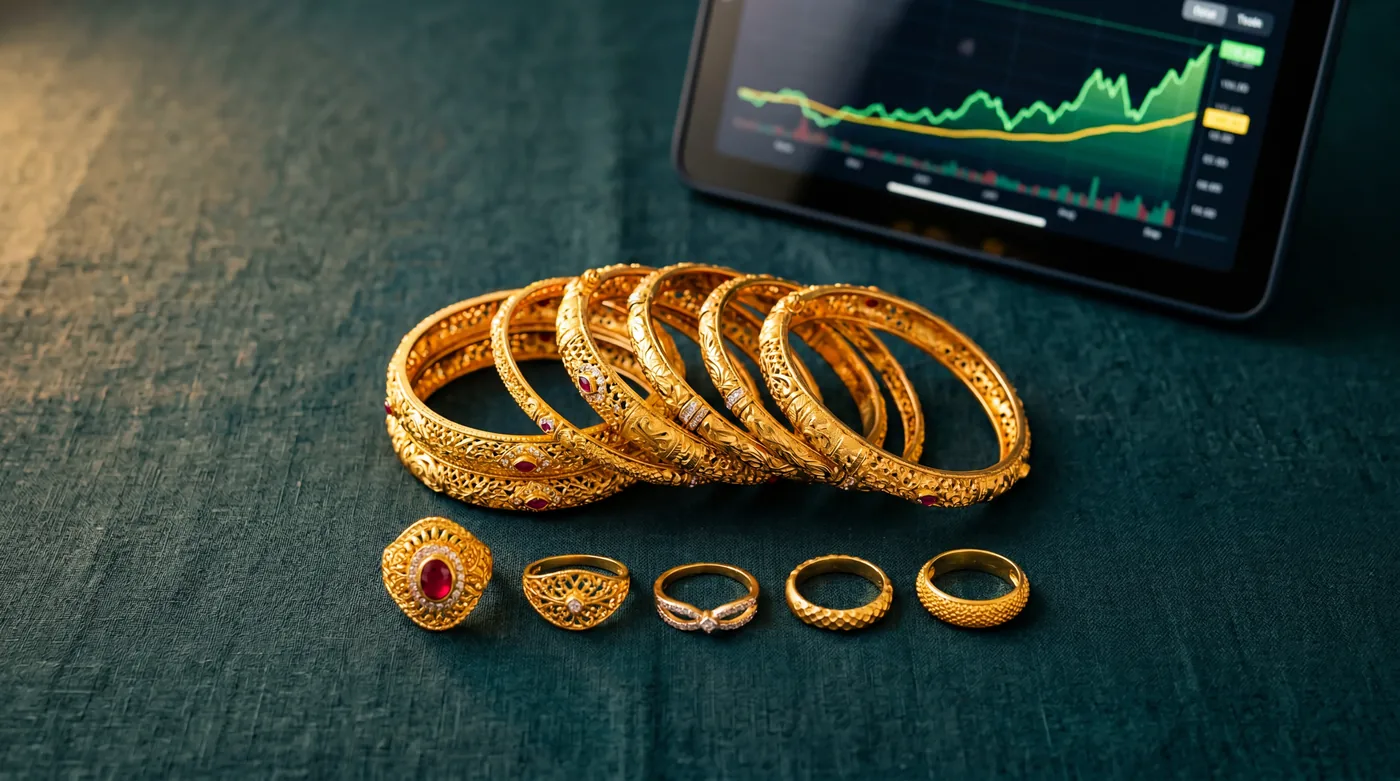 Gold jewellery — bangles and rings — alongside a rising value chart
