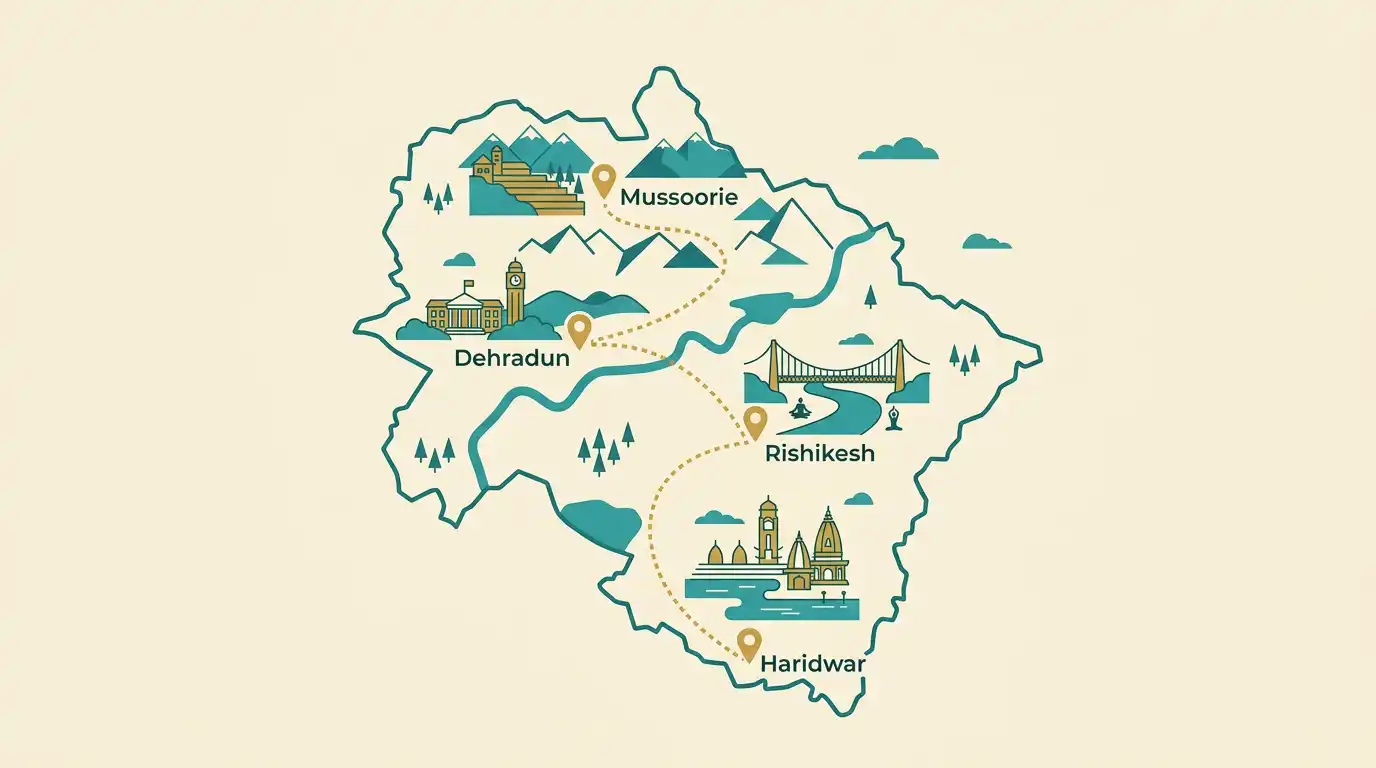 Map of Uttarakhand showing Dehradun, Haridwar, Rishikesh and Mussoorie