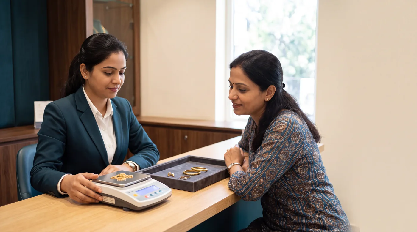 A staff member weighing a gold chain on a certified digital scale, turned so the customer can read the display