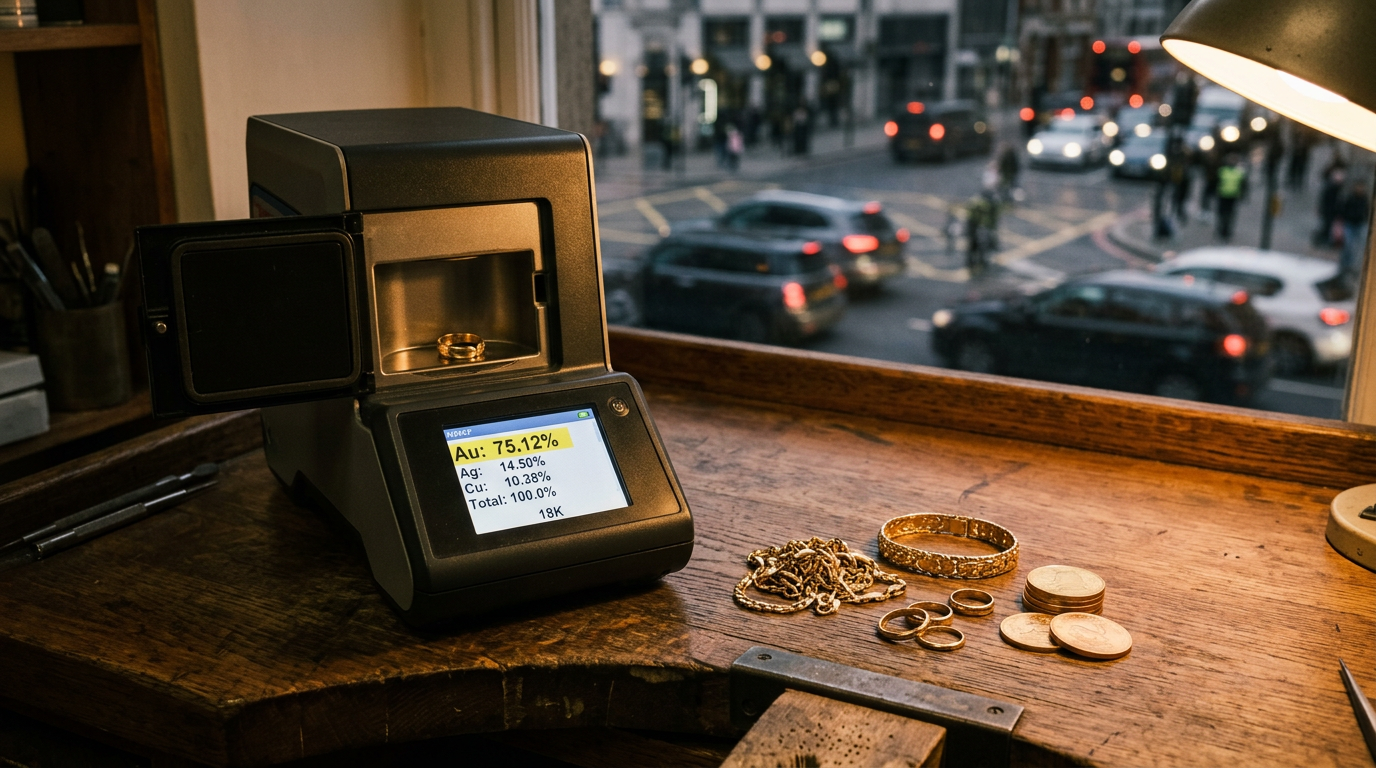 XRF gold purity testing machine on the counter at IGoldcash